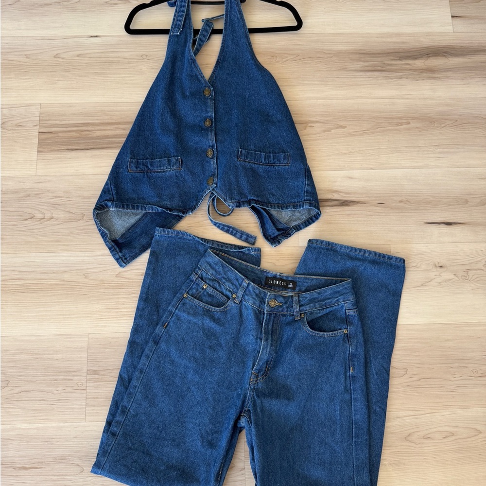 NWOT LIONESS Blue Denim Jeans and Halter Set from REVOLVE